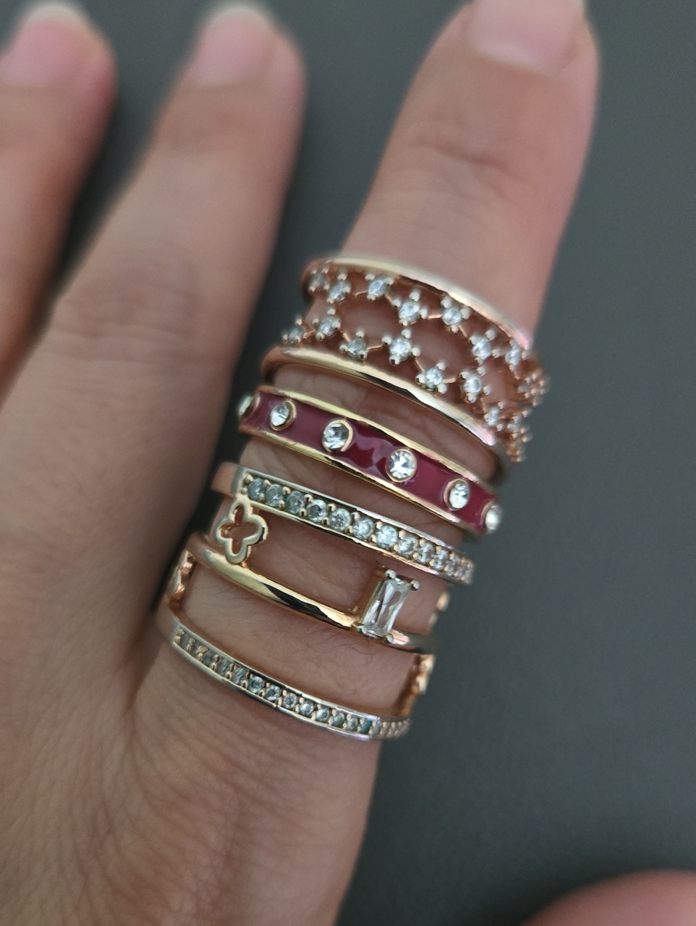 Rose Gold Stackable Women's Rings with Pink Enamel and Cubic Zirconia
